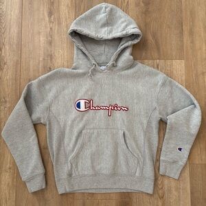 Champion Women’s Reverse Weave Cropped Logo Hoodie Size Small Gray